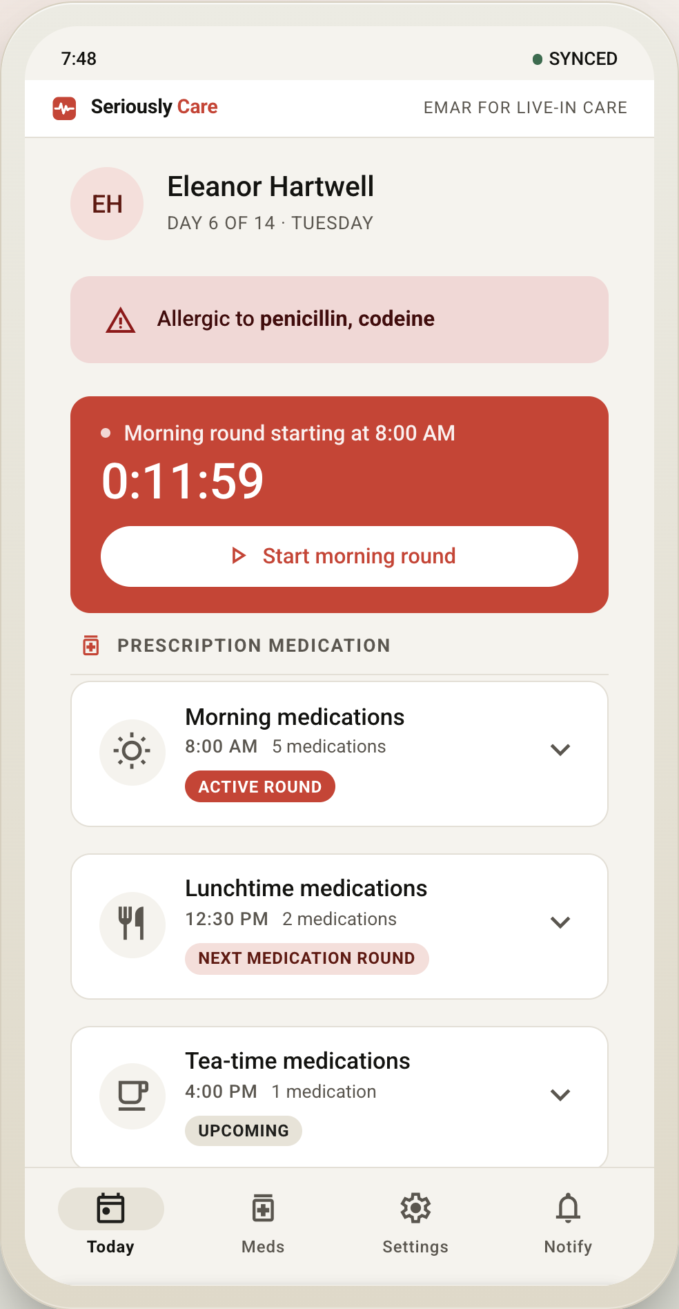 Carer app — today's medication rounds